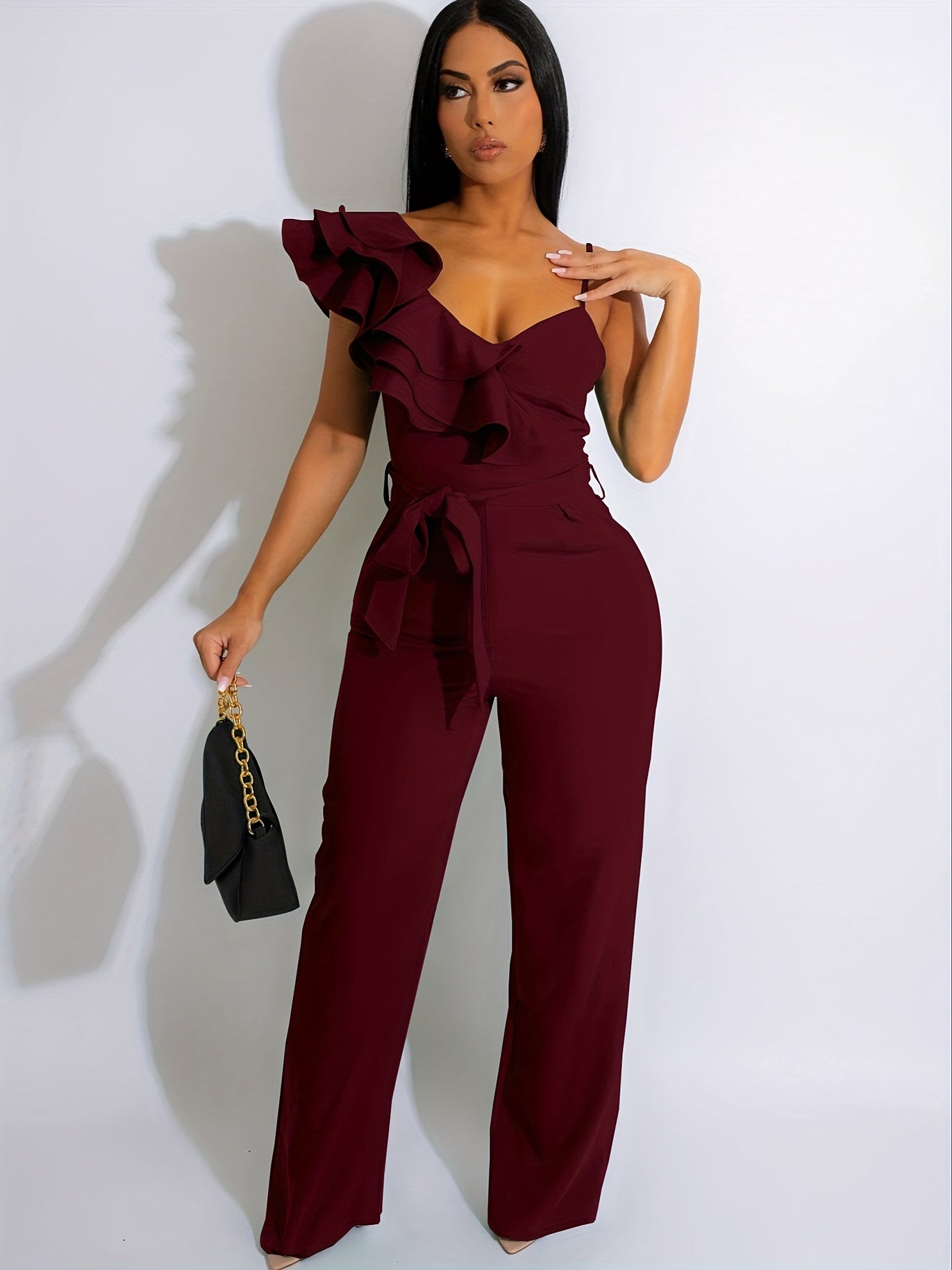 Womens Casual One Piece Jumpsuits V-Neck Sleeveless Ruffle Elegant Romper Wide Leg Pant Sexy Party Clubwear Overalls